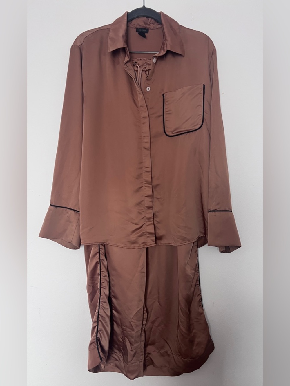 H&M Brown Satin Two-Piece Pajama Set with Black Piping - Picture 1 of 3